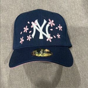 Navy Cap with Pink Floral Embroidery